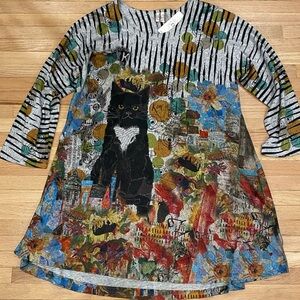 Et Lois funky eclectic art teacher cat tunic 3/4 sleeve NWT made in USA